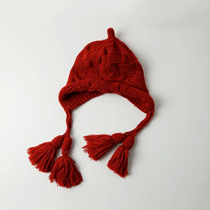 Johnature New Year Red Tassel Hat Women Autumn Winter Warm Woolen Fringed Pullover Hat Hand-knitted Ear Protection Hat Japanese