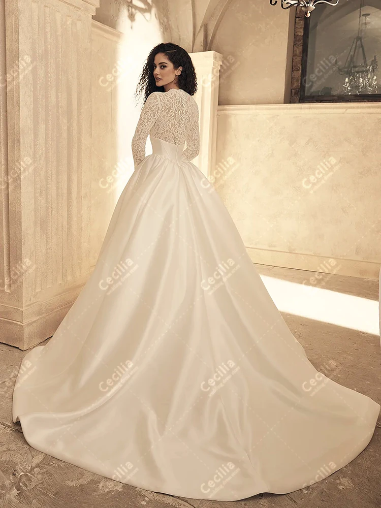 Gorgeous Wedding Dresses A Line Satin Bridal Gowns Modest Robes Full Sleeves Charming Muslim Customized Vestidos De Novia 2025