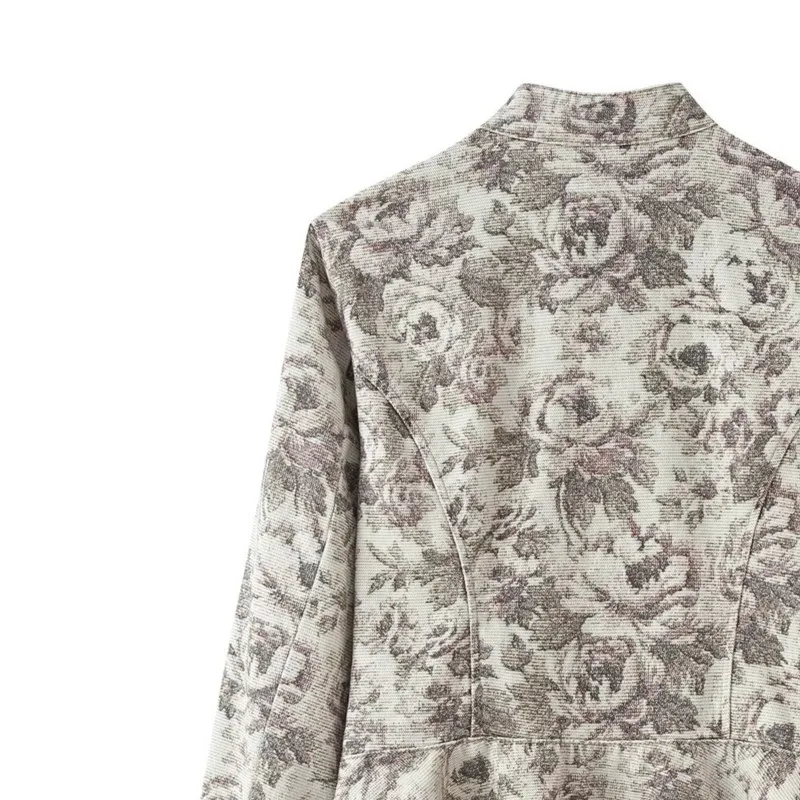 Women's Autumn Flower print jacket Vintage  lightweight high collar Long SLeeve Coats Fashion Female Casual Streetwear Outerwear