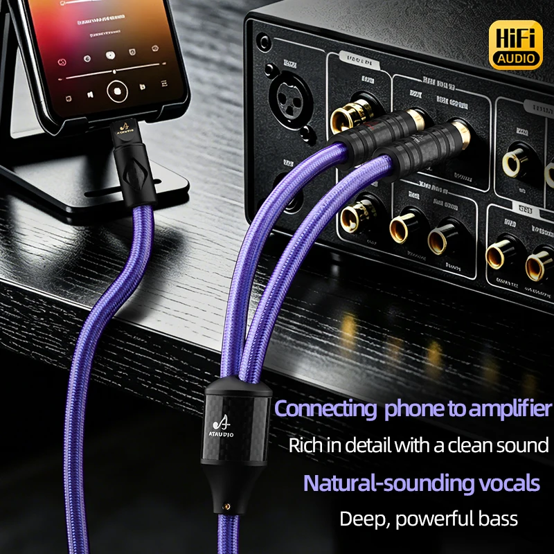 ATAUDIO Type C to 2RCA HiFi Cable OCC Sterling Silver Plated USB Type C Male to 2RCA Male Audio Cord for CD Player Speaker