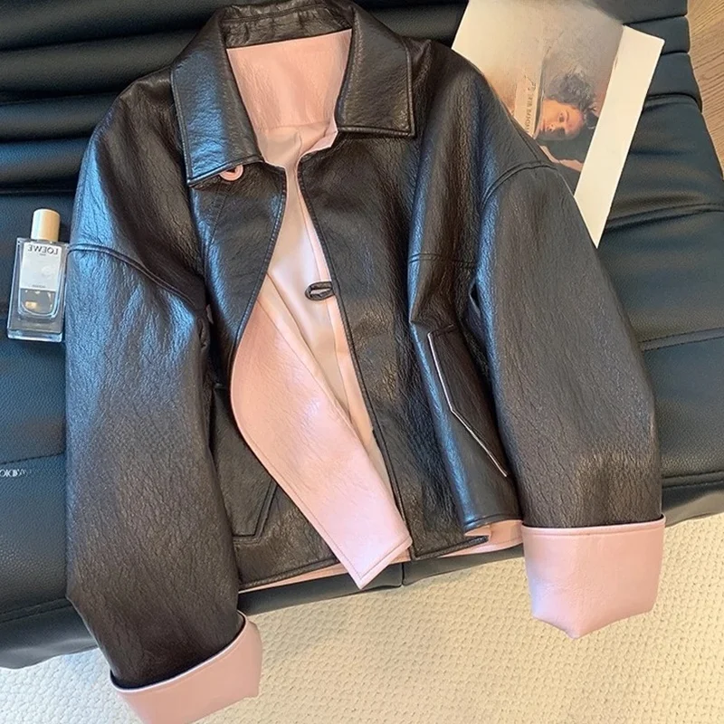 Jaqueta de Couro Retro com Design de Cores em Bloco para Mulheres, Estilo Casual Versátil, Alta Qualidade, Manga Longa