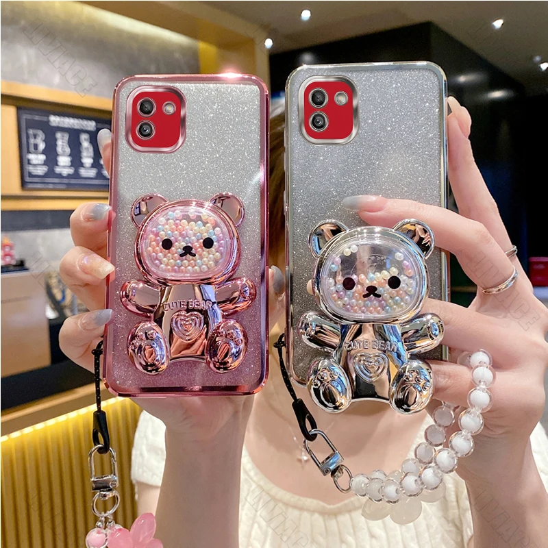 A 03 Flower Strap Bear Phone Holder Case On For Samsung Galaxy A03 A03S Core GalaxyA03s Stand Cover