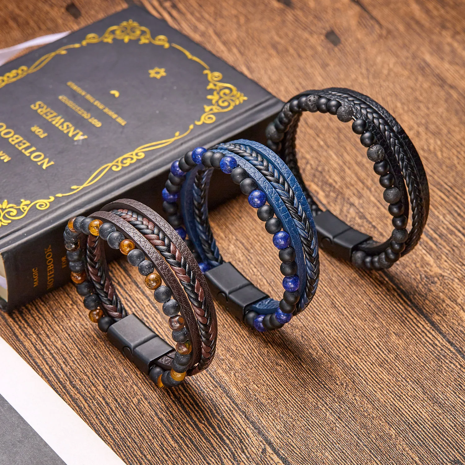 Vintage Multi-Layer Leather Bracelet Men Punk Cross Charm Tiger Eye Stone Beads Bracelet Fashion Braided Wrap Wristbands Jewelry