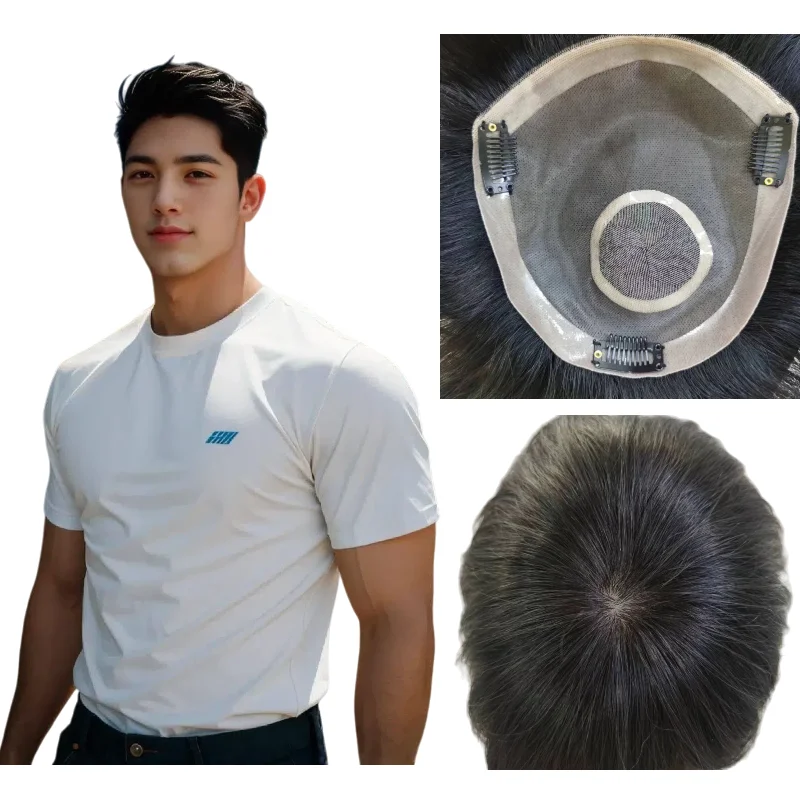 

100% Human Hair Men Toupee Mono Filament Base 6 Inch PU Border Lace Front With Combs Hand Tied Construction Natural Black