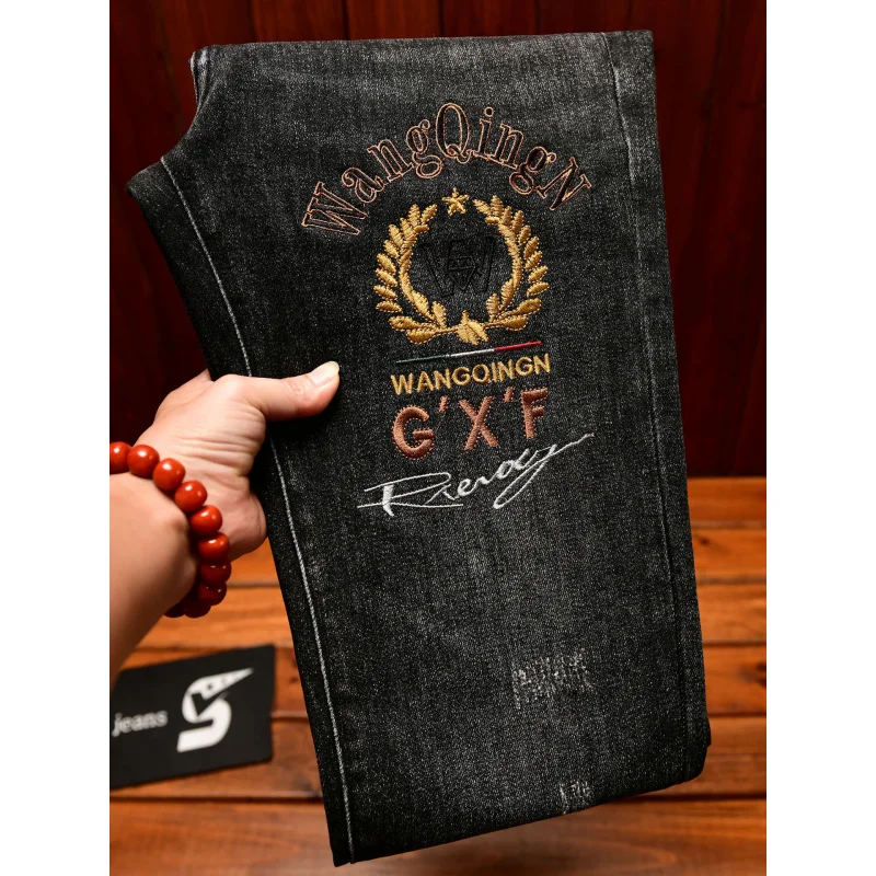 高級刺繍プリントライトラグジュアリーデニムメンズ、秋、スリムフィット、カジュアルトレンド、ブラックグレーパンツ