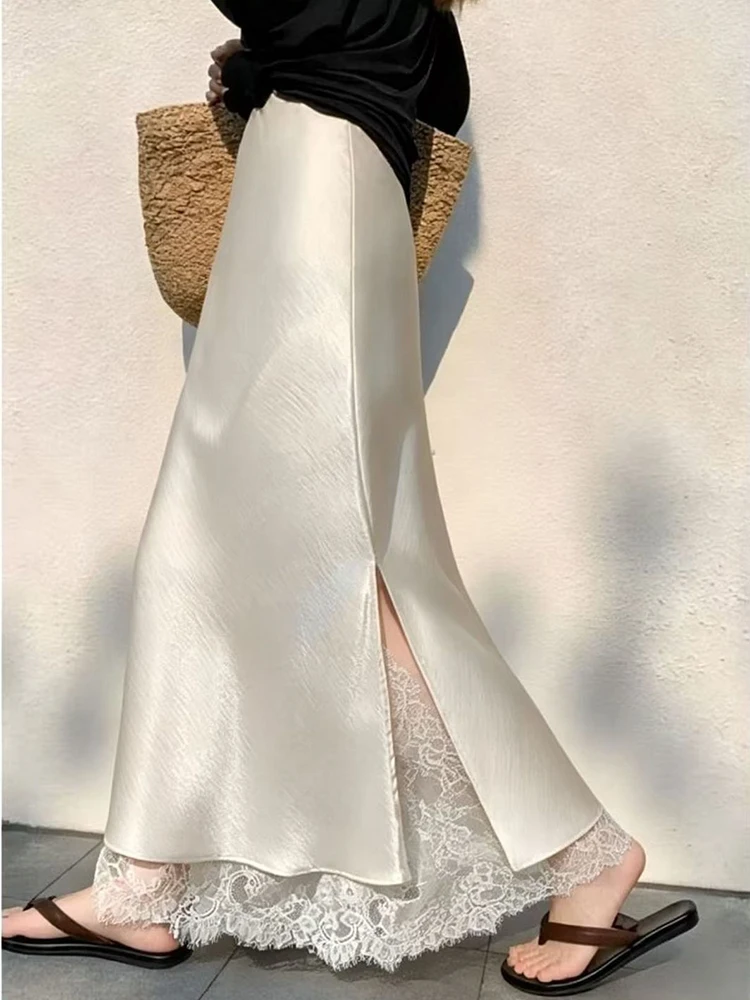Summer Elegant Satin Long Skirt Women Fashion Lace Patchwork Slit High Waist Mermaid Skirts Chic Slim Female Casual Solid Skirt