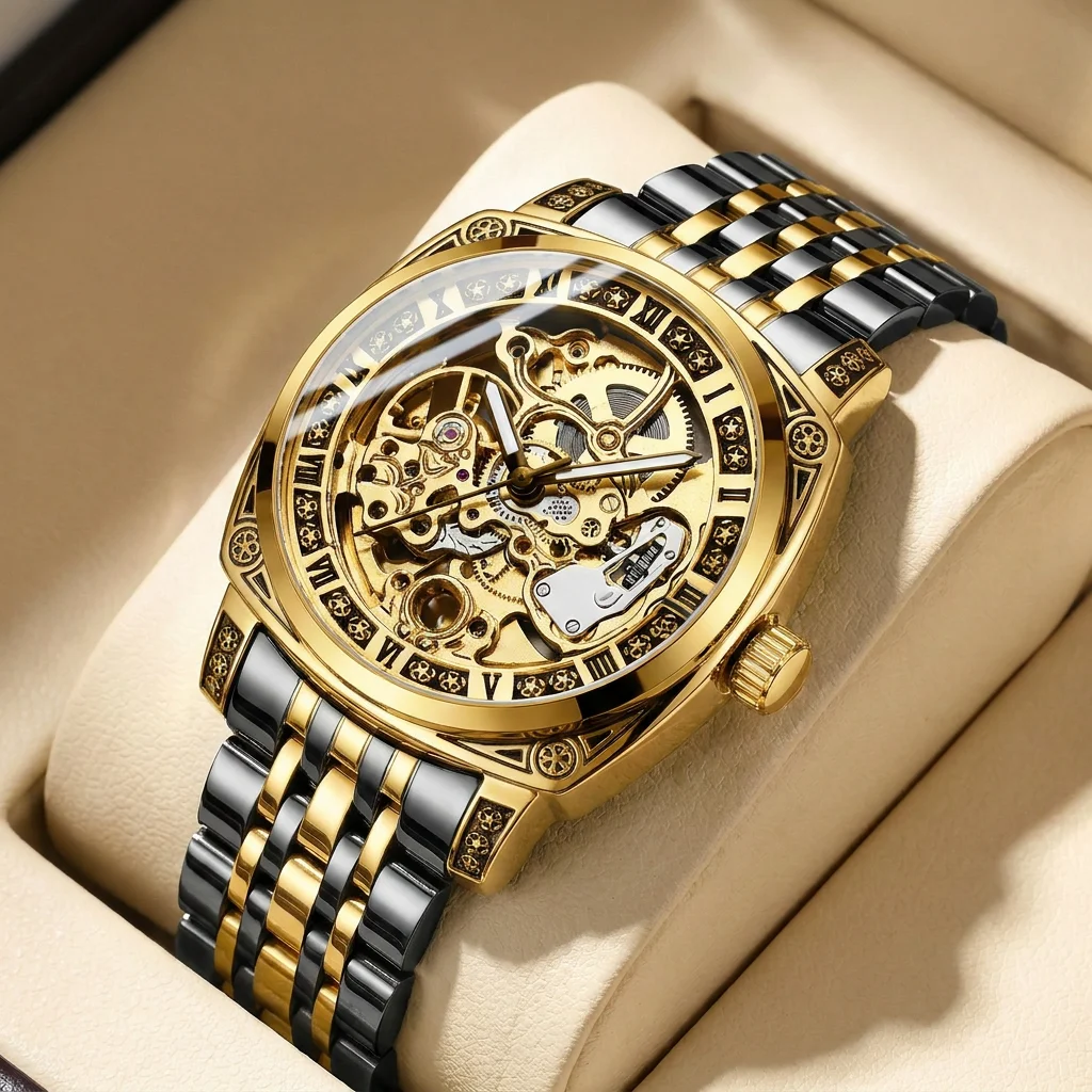 1 Stück Herrenuhr mit goldenem Zifferblatt, Legierungsarmband, Vintage-Mode, Skelett-Design, luxuriöse Details, mechanische Uhr für Geschäftsfeiern und Feiertage.