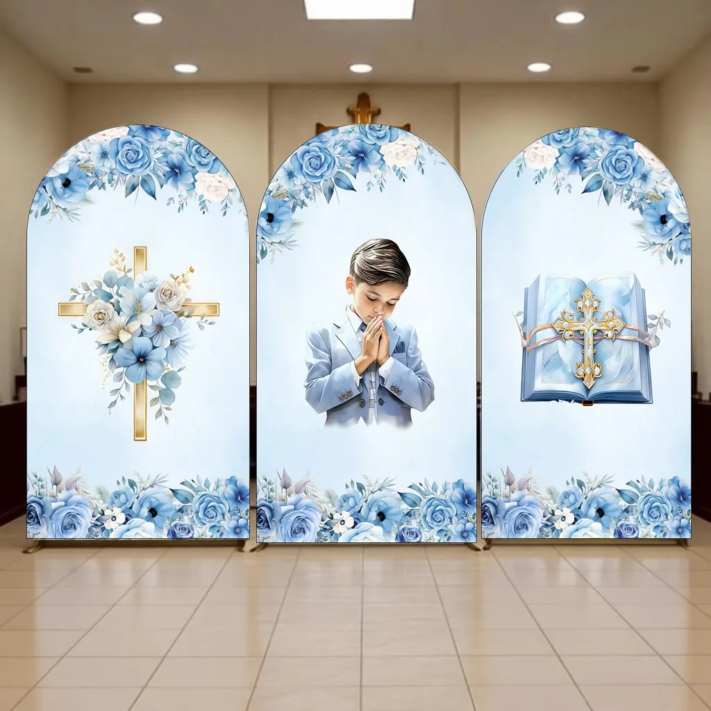 Boys Holy Communion Party Decor Arch Backdrop Cover Blue Flowers Cross Bible Boys Baptism Photography Background Photo Studio