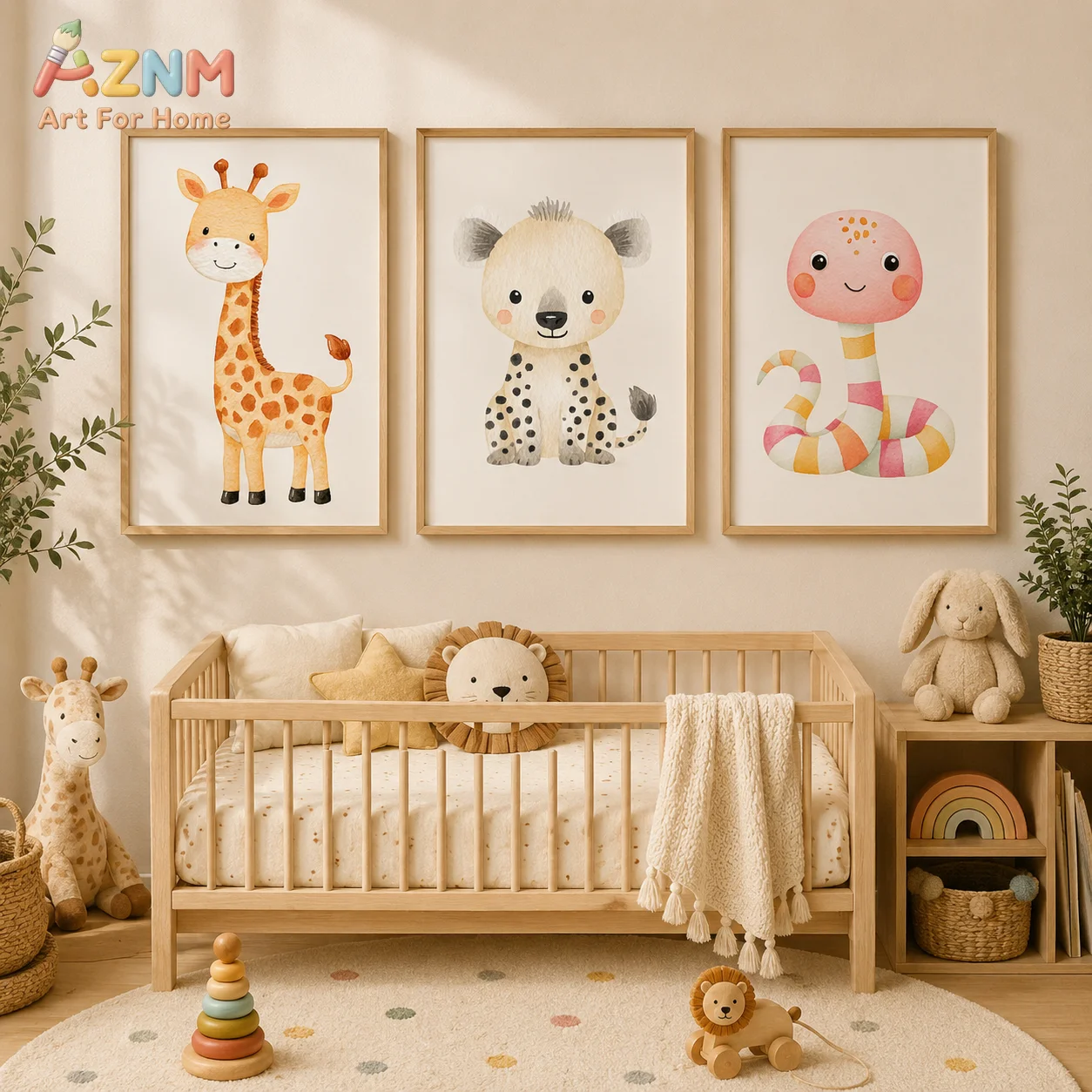 AZNM Unframed Canvas Print Watercolor Cute Giraffe Snake Wall Art Nursery Kids Room Home Decor Poster