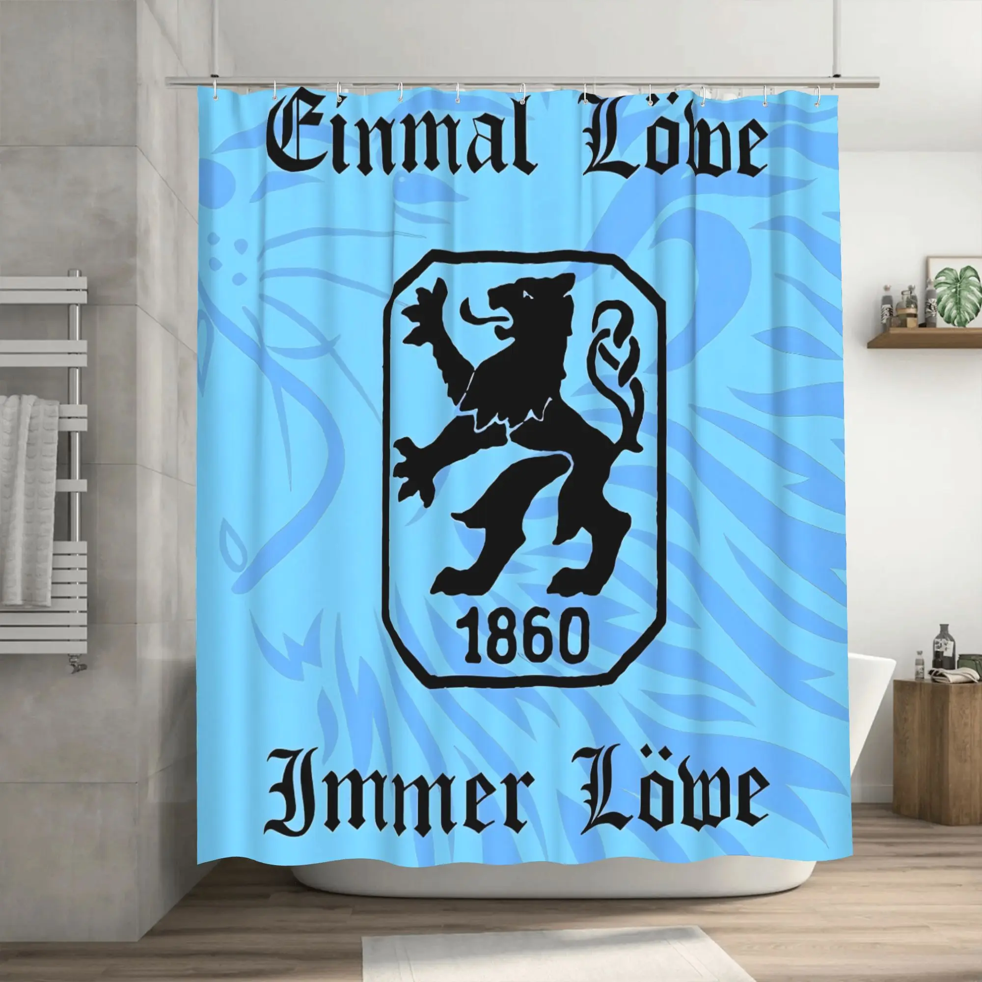 1860 German Football Club Shower Curtain - Durable Polyester, Fashionable Black & Blue Design with Lion & Floral Patterns, Machi