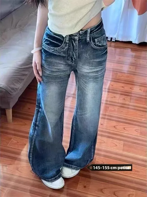 American Retro Micro Flared Denim Jeans Women's Washed Loose Slimming Middle School High School Students Versatile Long Pants