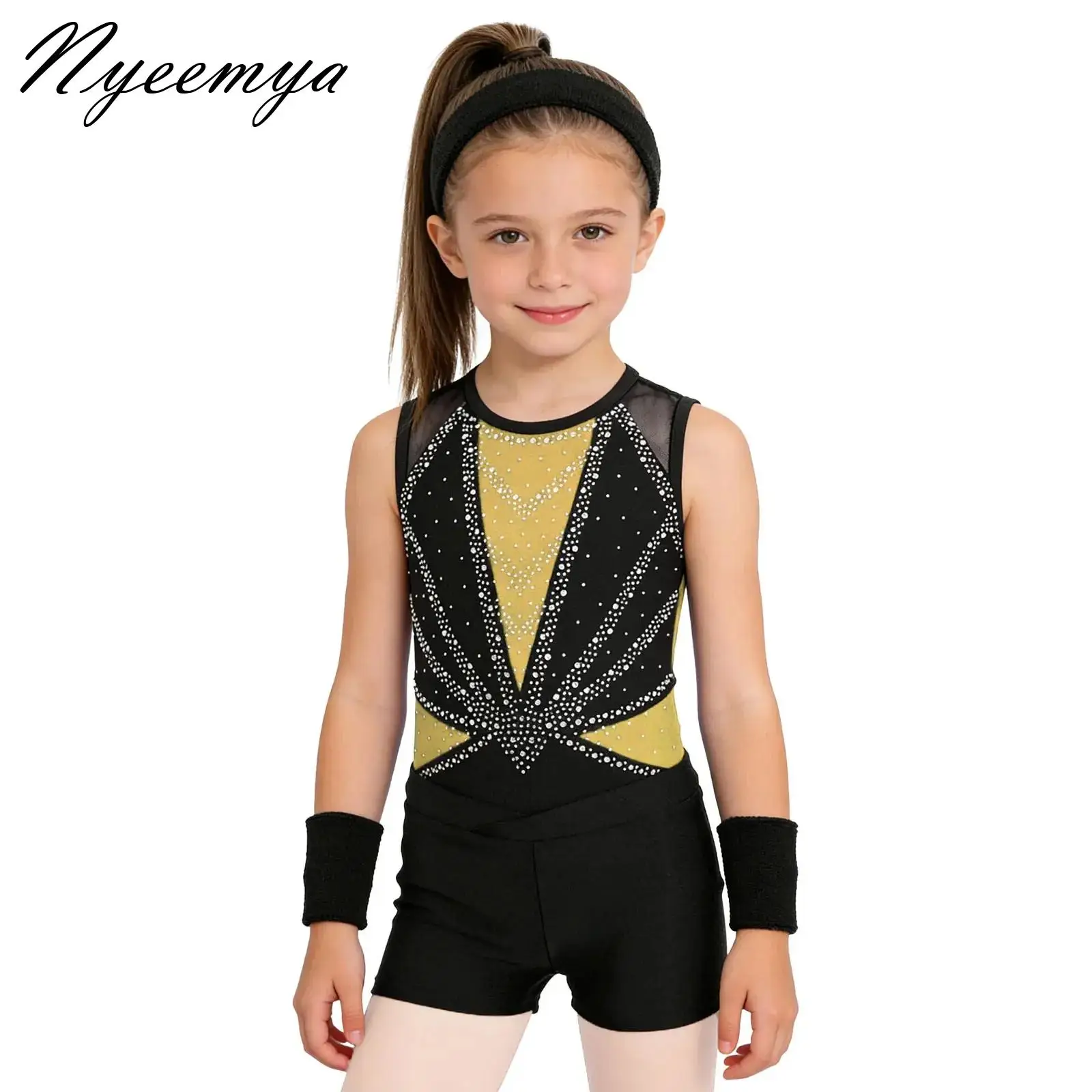 

Girls Figure Skating Jazz Dance Performance Costume Sleeveless Crisscross Back Rhinestones Gymnastics Leotard Sports Shorts Suit