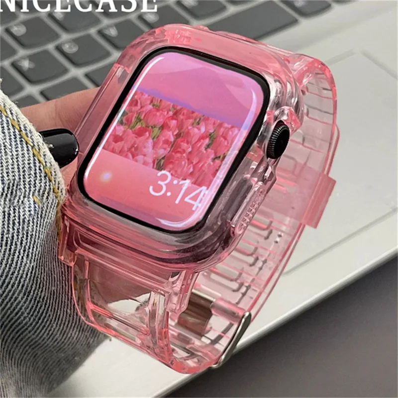 Korea Cute Pink Clear Sports Silicone Case + Strap For Apple Watch Band 49mm 45 44 41 42 Correa Band For Watch Series 8 7 SE 6 5