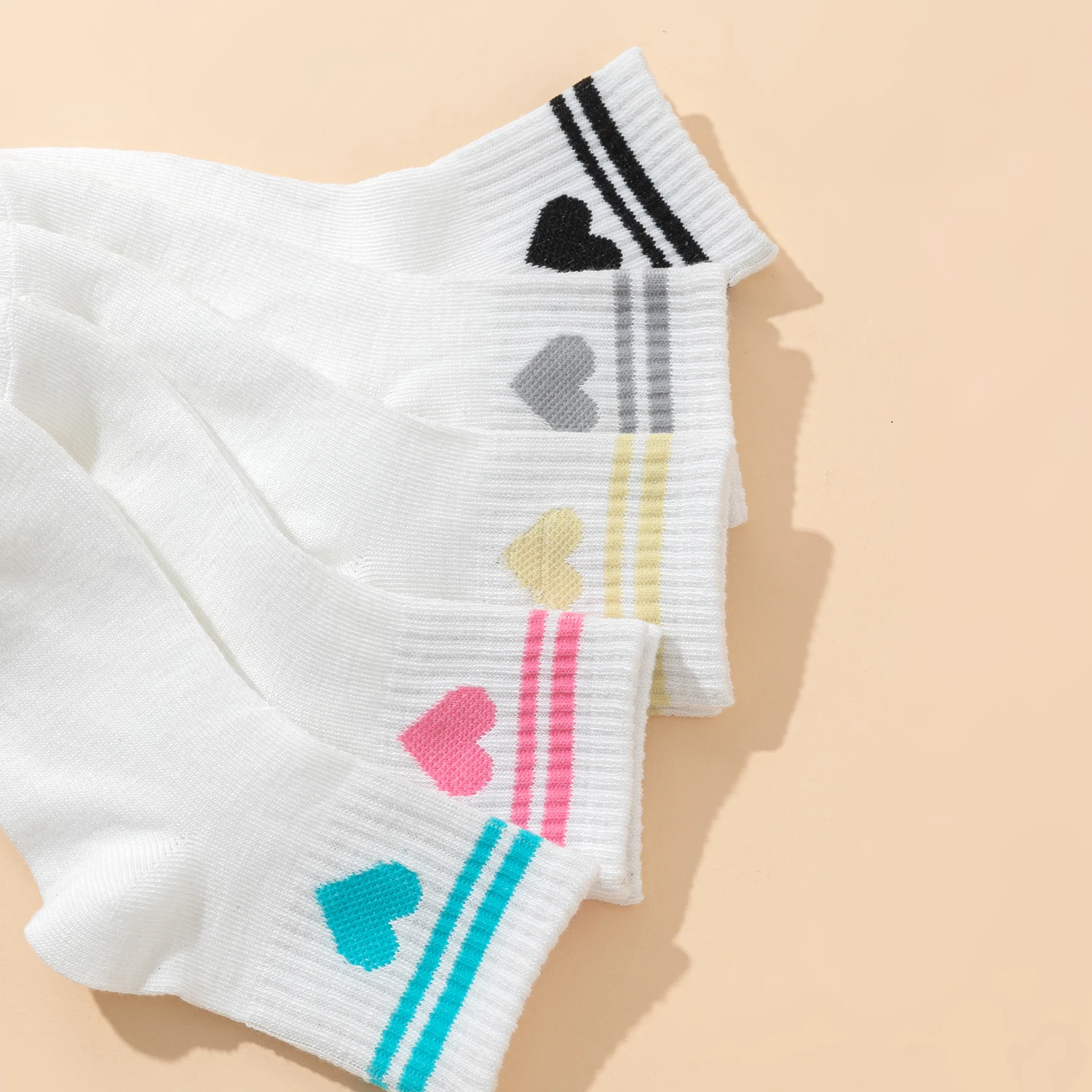 10 Pairs Kids Socks Heart Pattern Bar White Basic Sports Versatile Children's Footwear, Girls' School Socks view 5