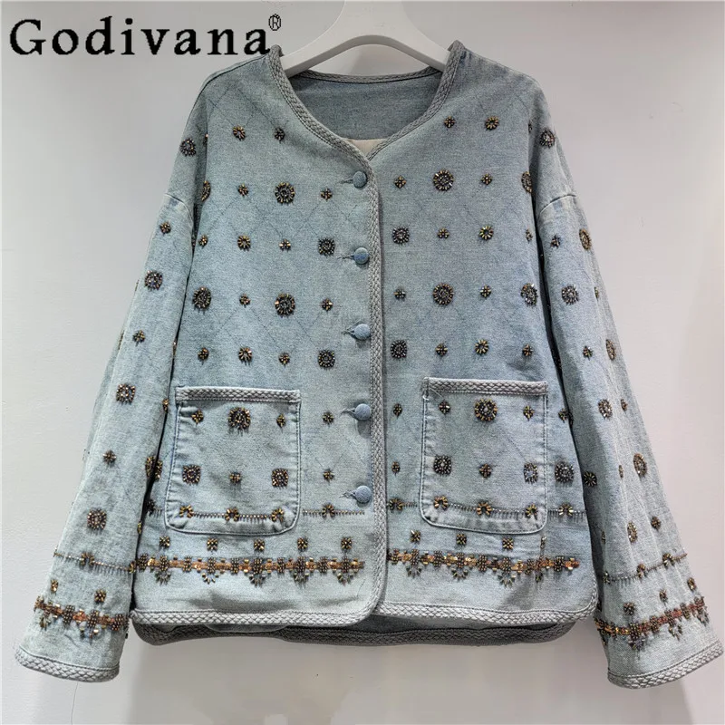 

Spring Fashion Heavy Industry Beaded Flower Loose Fashion Street Denim Jacket Girl Light Blue Long Sleeve Versatile Korean Top