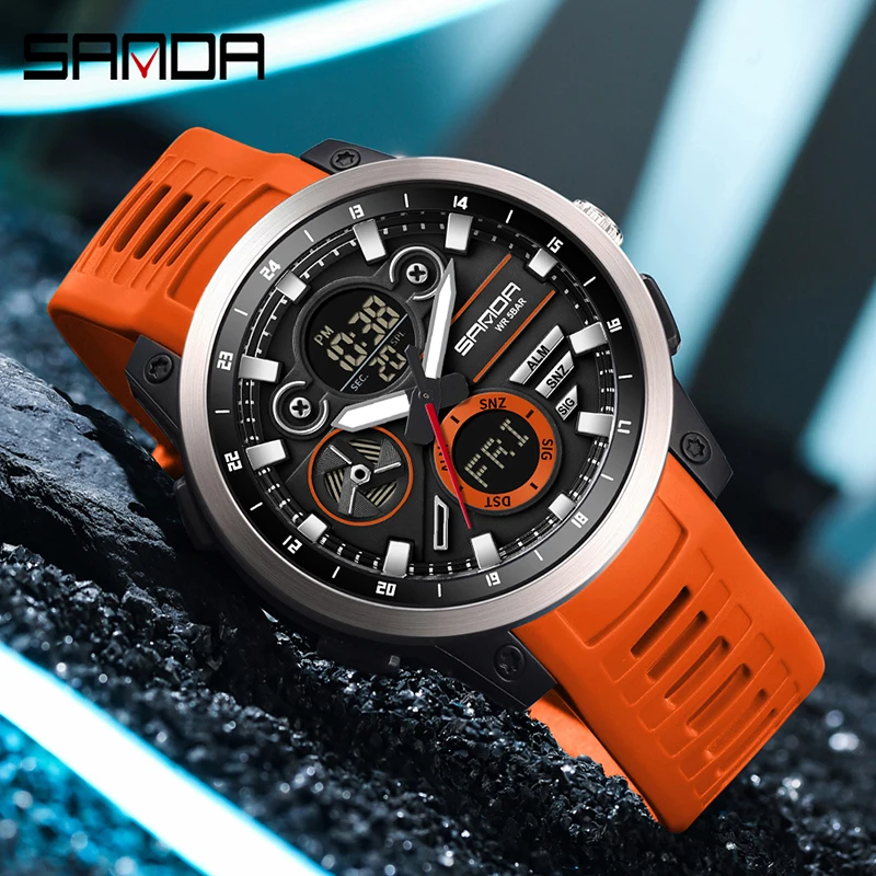 SANDA 3379 Sport Digital Military Wristwatch for Men Alarm Stopwatch Light Dual Time Display Waterproof Watch Men reloj hombre