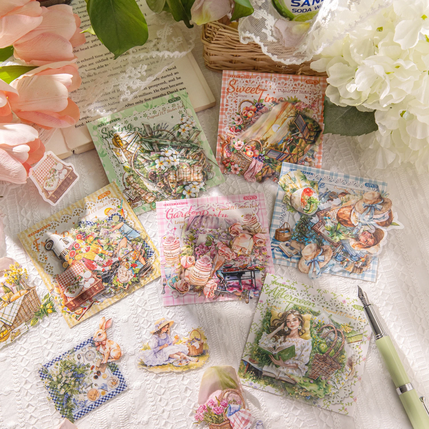 Vintage Spring Picnic Junk Journal Stickers Aesthetic Garden Afternoon Tea PET Transparent Stickers for Scrapbooking DIY Craft