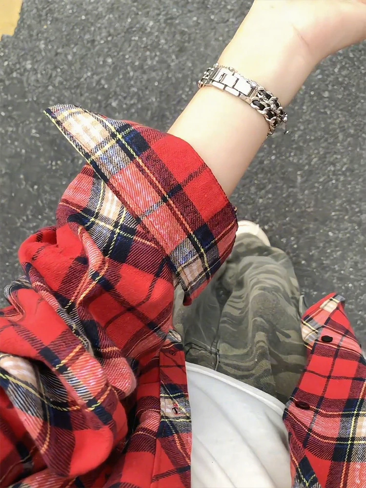 

Red Plaid Long Sve irt Thin Outerwear Early Autumn Couple Lazy Sle Women's irt Loose Fit Breathable Polyester Cotton...