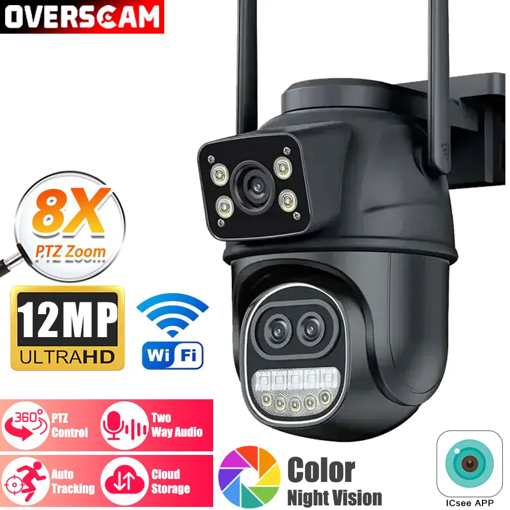 

12MP WiFi Outdoor Camera 6K 8X PTZ Zoom Triple Lens Dual Screens CCTV Video Surveillance Auto Tracking Security Camera ICsee APP