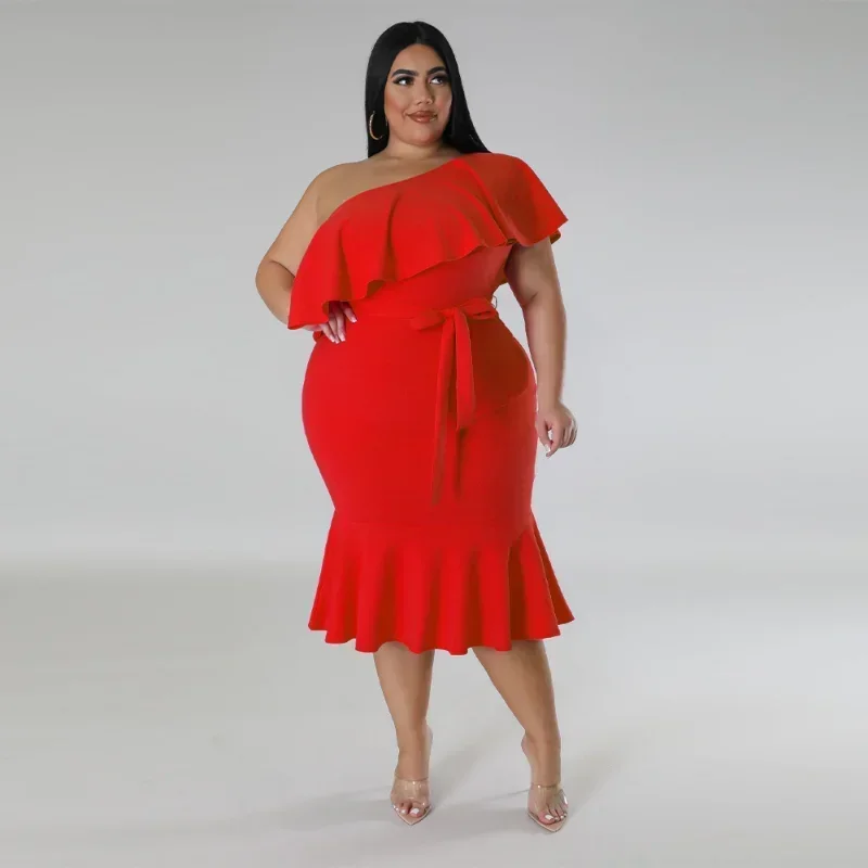 KEXU Plus Size Women Sexy One Shoulder Ruffles Bodycon Midi Dress Evening Summer 2024 Hollow Out Party Club Prom Dresses