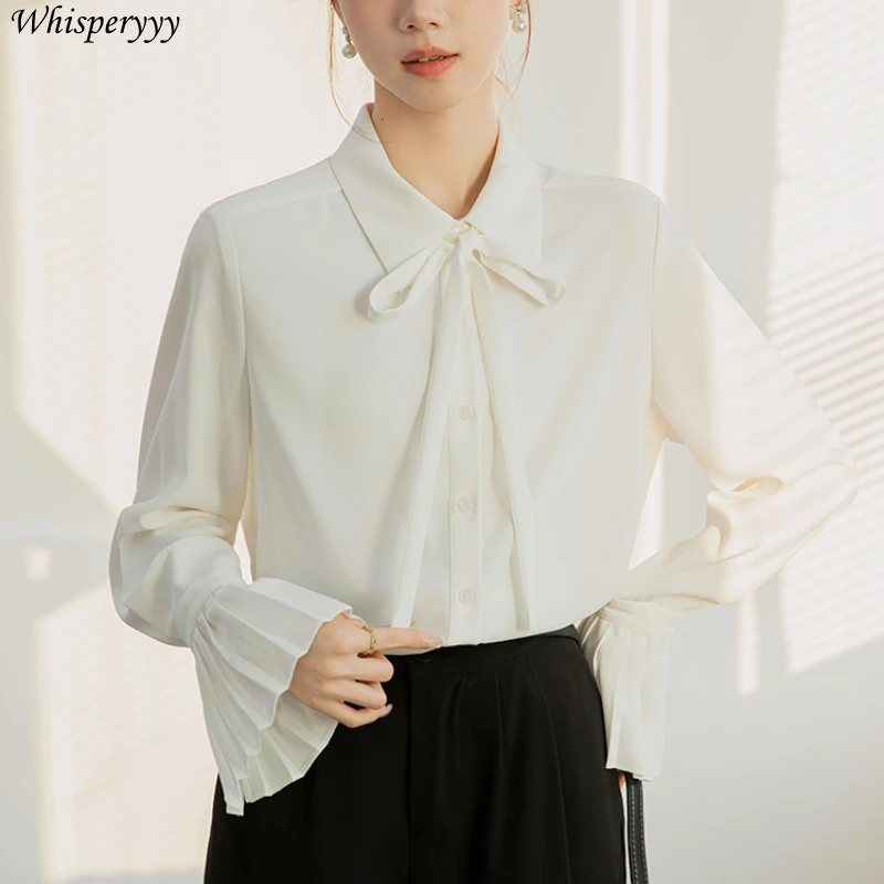 قميص أزرق أنثى ربيع الخريف التلبيب القوس مضيئة كم بلايز بلون واحد الصدر الوظيفي في بلوزة عصرية للنساء #6