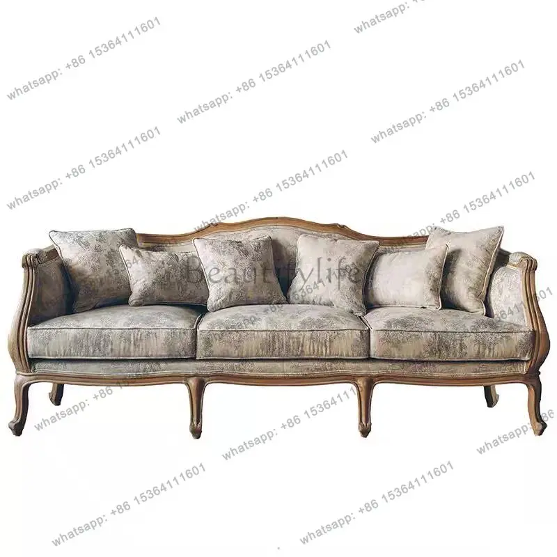 

French retro all-solid wood sofa antique oak triple