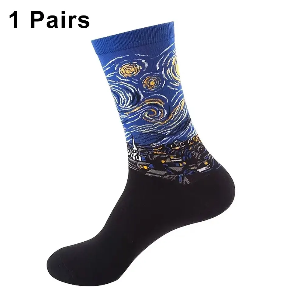 1 Pairs Men Retro Abstract Oil Painting Art Socks Shout Modern Van Gogh Starry Night Happy Oil Painting Comfort Skateboard Sock