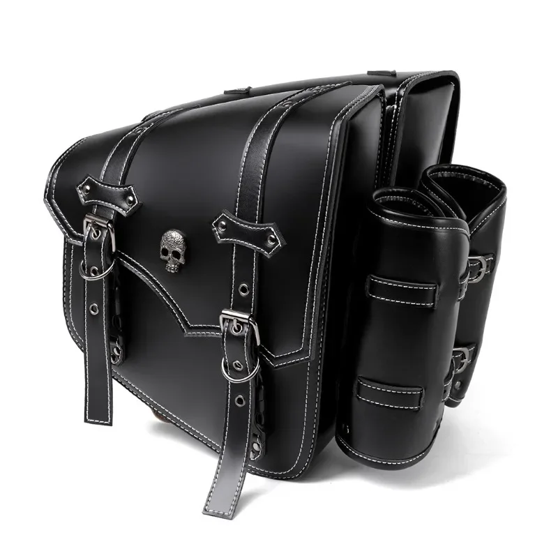 A Pair Classic Black Cruiser Motorcycle Saddlebags,Rivet Punk Hard Style Black Leather,Shell Does Not Deform for Touring Biker