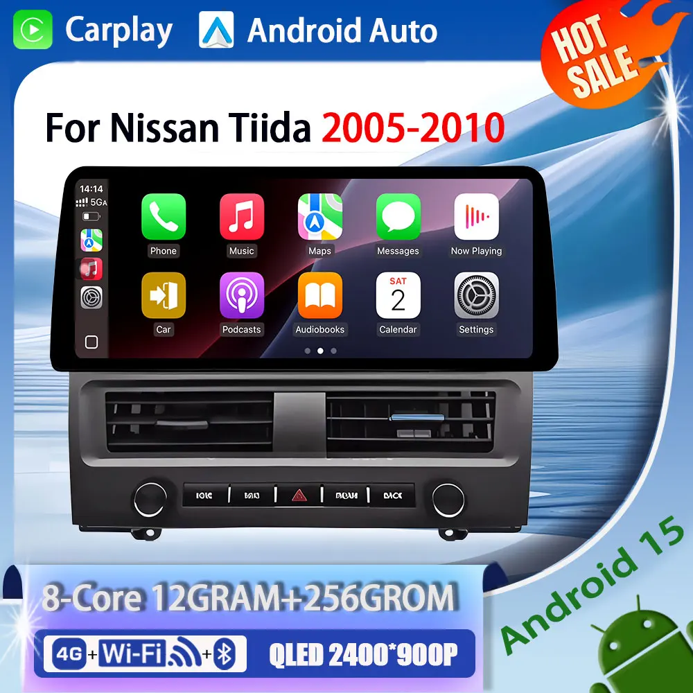 12,3 "Radio de coche navegación GPS Carplay multimedia Android 15 reproductor de coche GPS DSP WIFI autoradio estéreo para Nissan Tiida 2005-2010