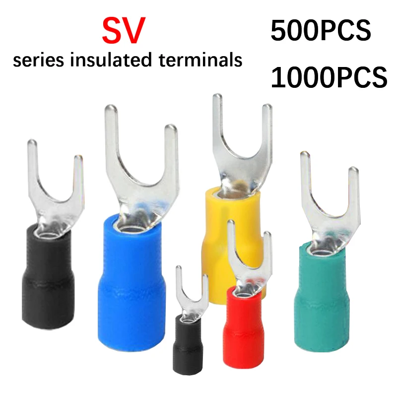 

500-1000 PCS SV terminal U-shaped 1.25/2/3.5/5.5 series insulated fork type cable terminal connectors, electrical crimping flat