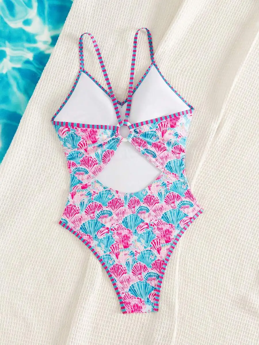 

Womens One-Piece Swimsuit With Seashell Print Backless Beach Swimwear Pink Blue