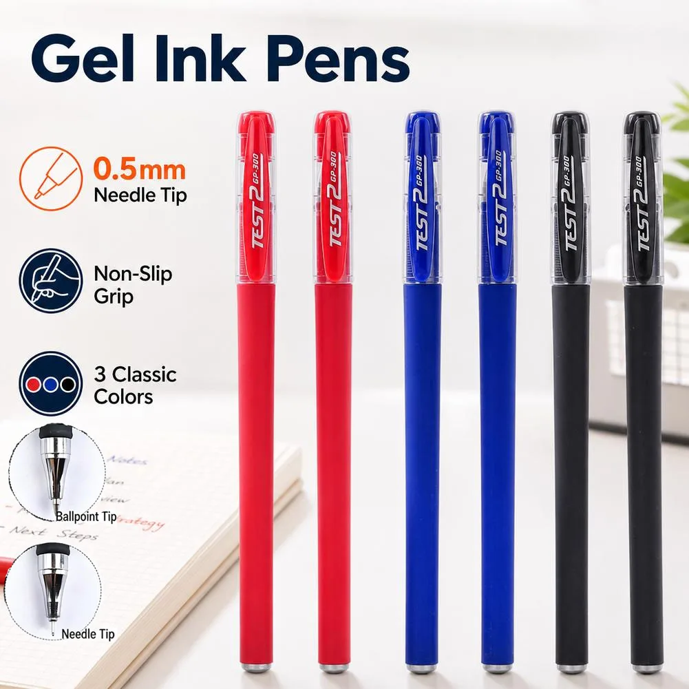 12pcs Quick-Drying Gel Pens, 0.5mm Fine Tip, Black/Blue/Red Ink - Ideal Choice for Office and School clea For School Office