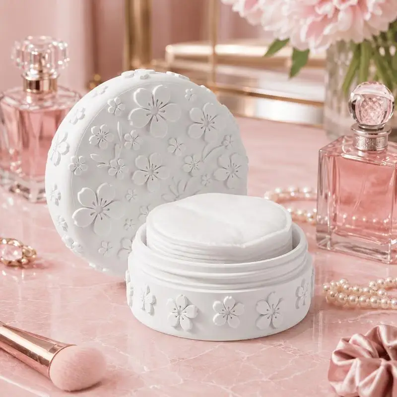 3D Printed Cherry Blossom Embossed Makeup Cotton Storage Box Multi-use Jar with Lid for Small Accessories Vanity Desktop