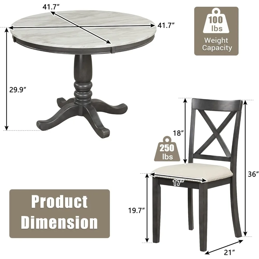 Faux Marble Round Dining Room Table Set with Chairs for Small Space, 5 Piece Kitchen Dining Furniture Set with Round Table