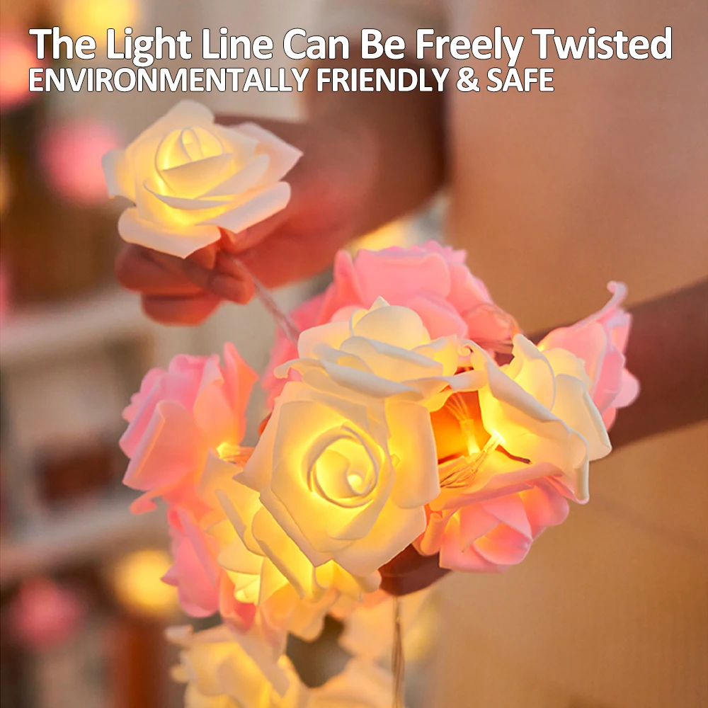 LED Pink Rose Flower String Lights Battery Operated for Wedding Home Party Birthday Festival Indoor Outdoor Decorations