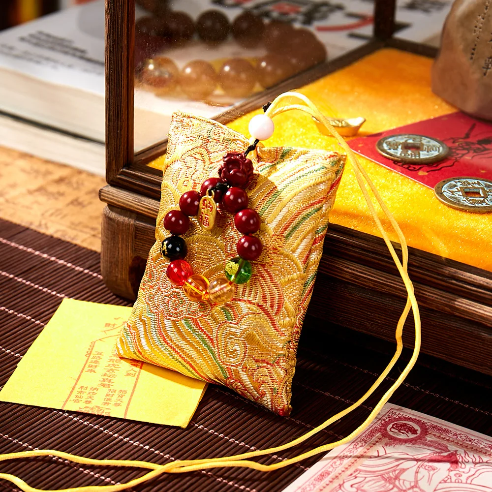 Chinese Traditional Lucky Embroidered Sachet Pendant Six True Words Cinnabar Bead Five Wealth Gods Car Hanger Bag Charm Amulet