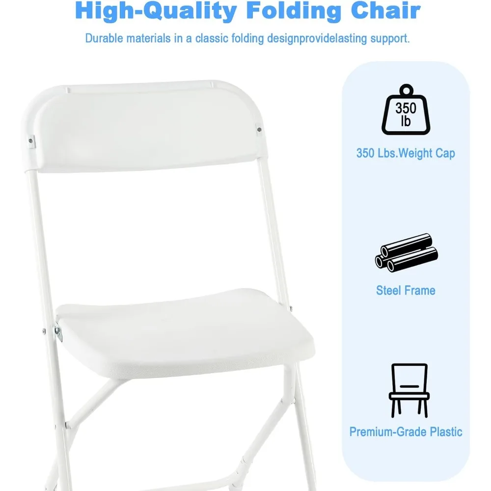 White Folding Chairs 10 Pack, Plastic Folding Chair for Outside, Indoor Outdoor Portable Commercial Seat with Steel Frame, Folda
