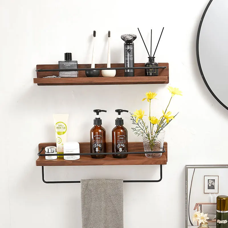 

Solid Wood Bathroom Shower Stand Wall Mounted Dresser Storage Rack Black Towel Rack Shelf Bathroom Shelf Bath Shampoo Holder