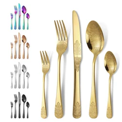 5PCS stainless steel knife, fork, spoon set with patterned totem tableware, Western style steak knife and fork