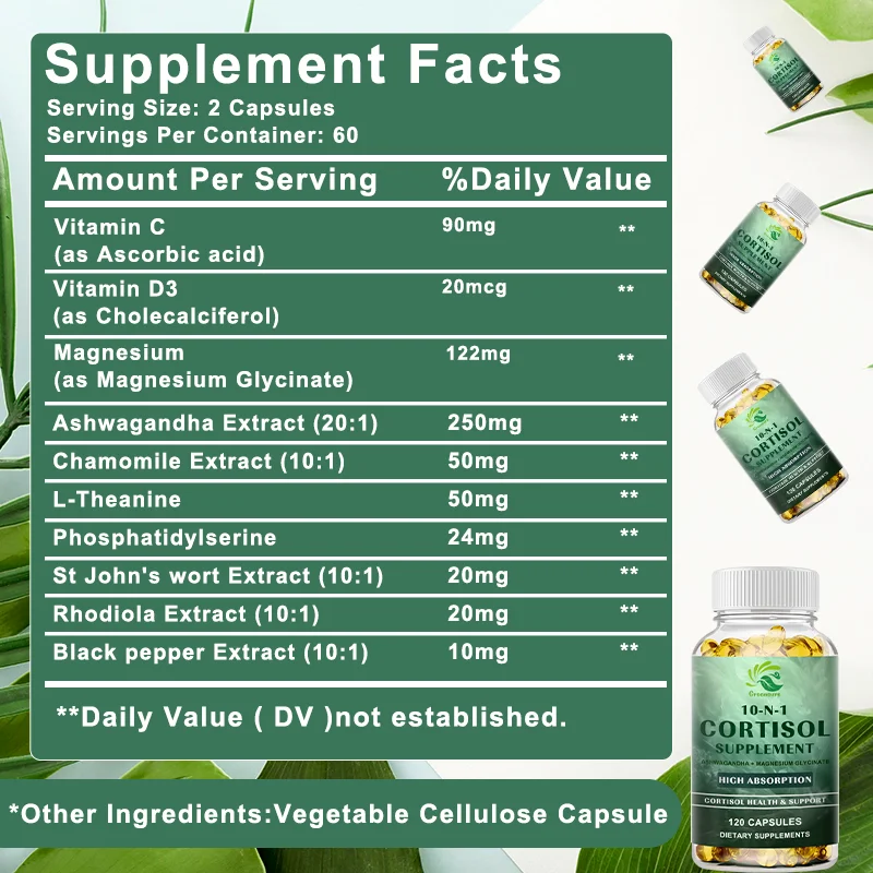10-in-1 Cortisol Capsules with Ashwagandha -Stress Relief, Balanced Cortisol, Relaxation, Deep Sleep