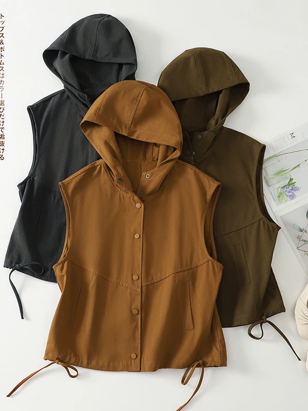 Japanese Style Simple Workwear Hooded Vest Women's Autumn New Commuting Versatile Bottom Drawstring Casual Shoulder Trend