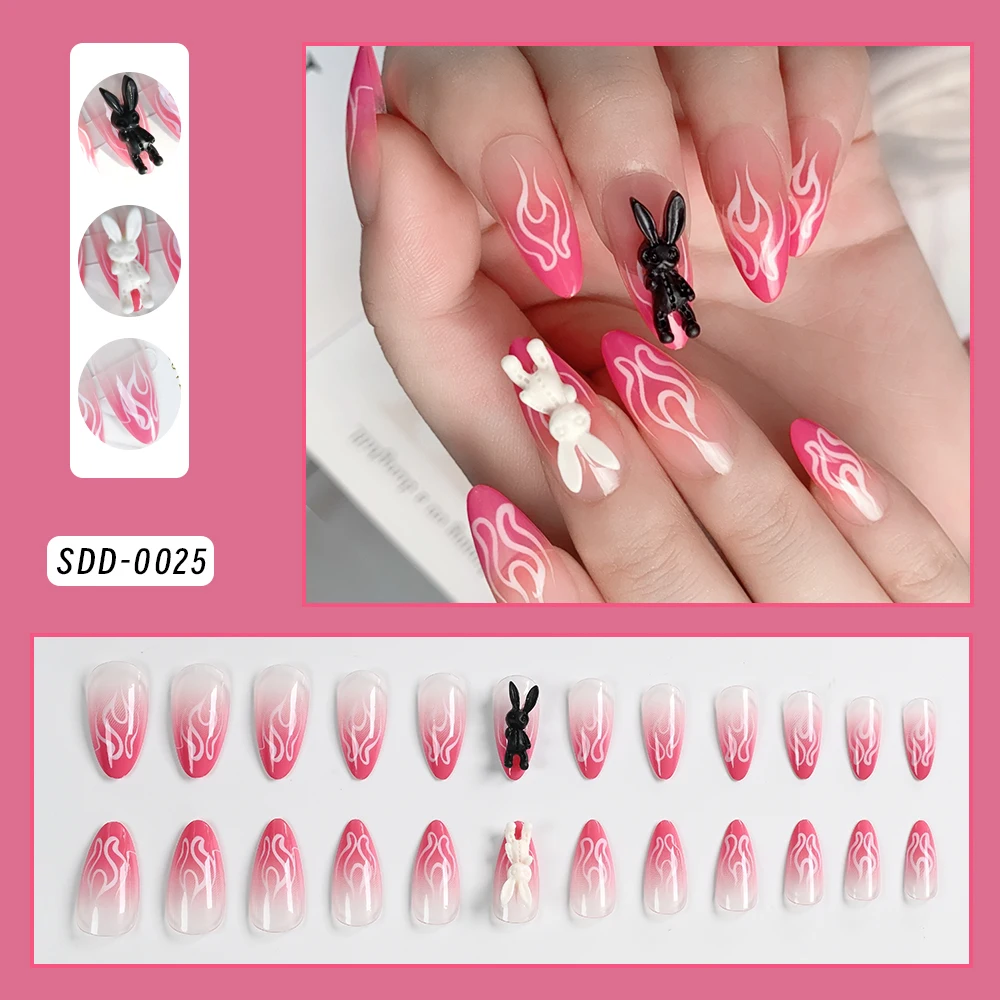 24개 귀여운 토끼 불꽃 디자인 핑크 그라데이션 아몬드 모양 플라스틱 네일, 광택 아크릴 풀커버 여성용 프레스온 네일 (도구 포함)