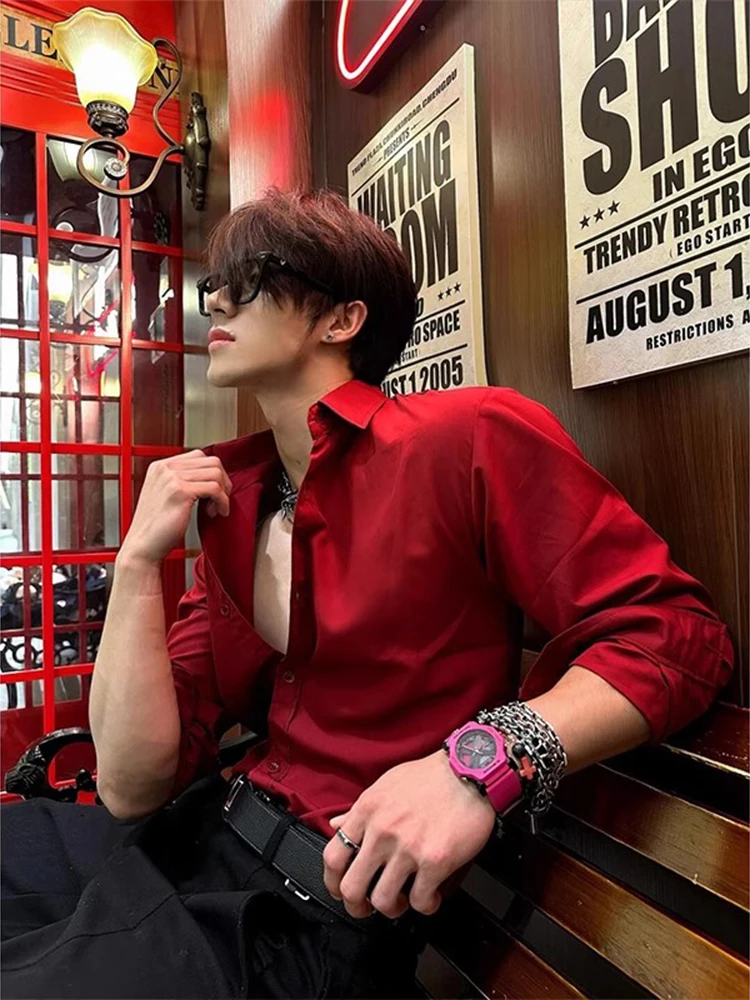 

Cleanfit Red Long Sleeve Shirt for Men Youth Fashion Basic Style Winter Celebration Spring Autumn Bottoming Shirt