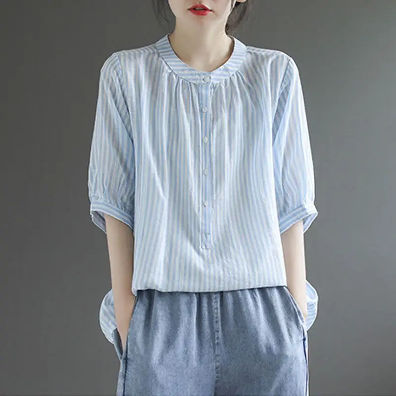 Fashion O-Neck Button Loose Folds Casual Striped Blouses Women\'s Clothing 2024 Summer New Oversized All-match Tops Korean Shirts