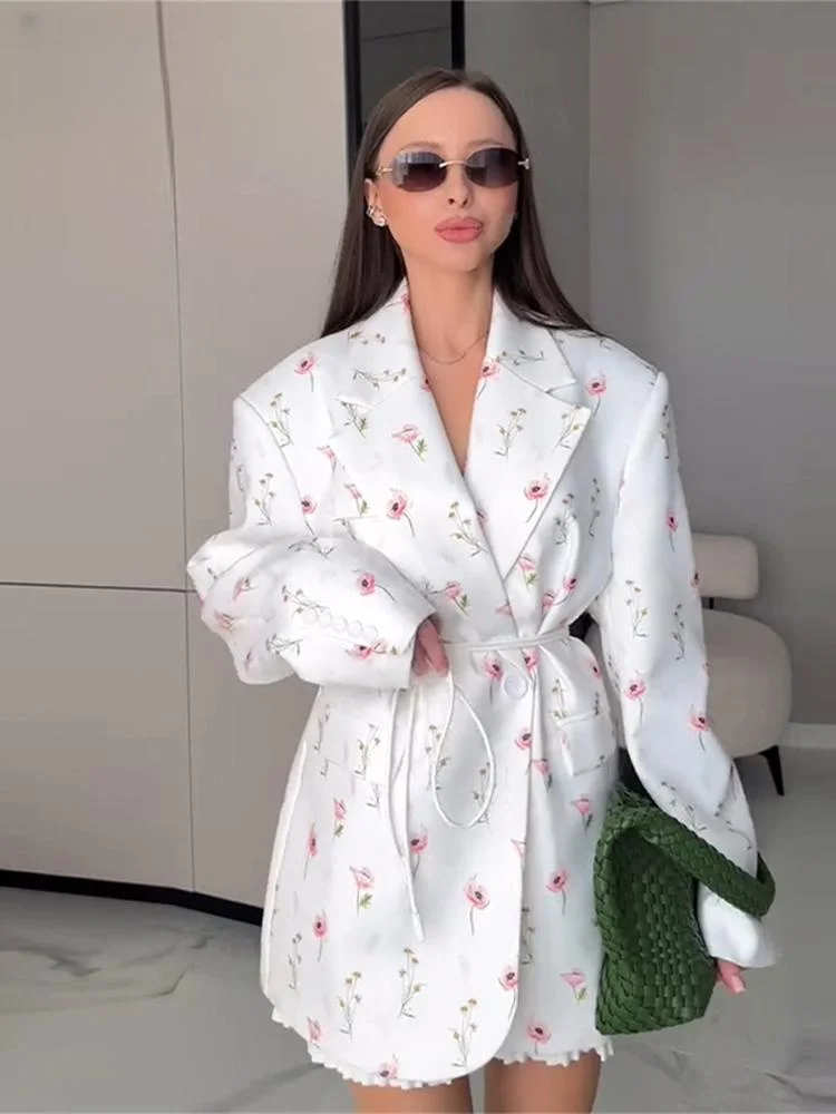 Loose Flower Printed Women's Blazer Coat Lapel Long Sleeve Lace Up Single Button Lace Up Jacket 2025 Spring Lady High Street Top