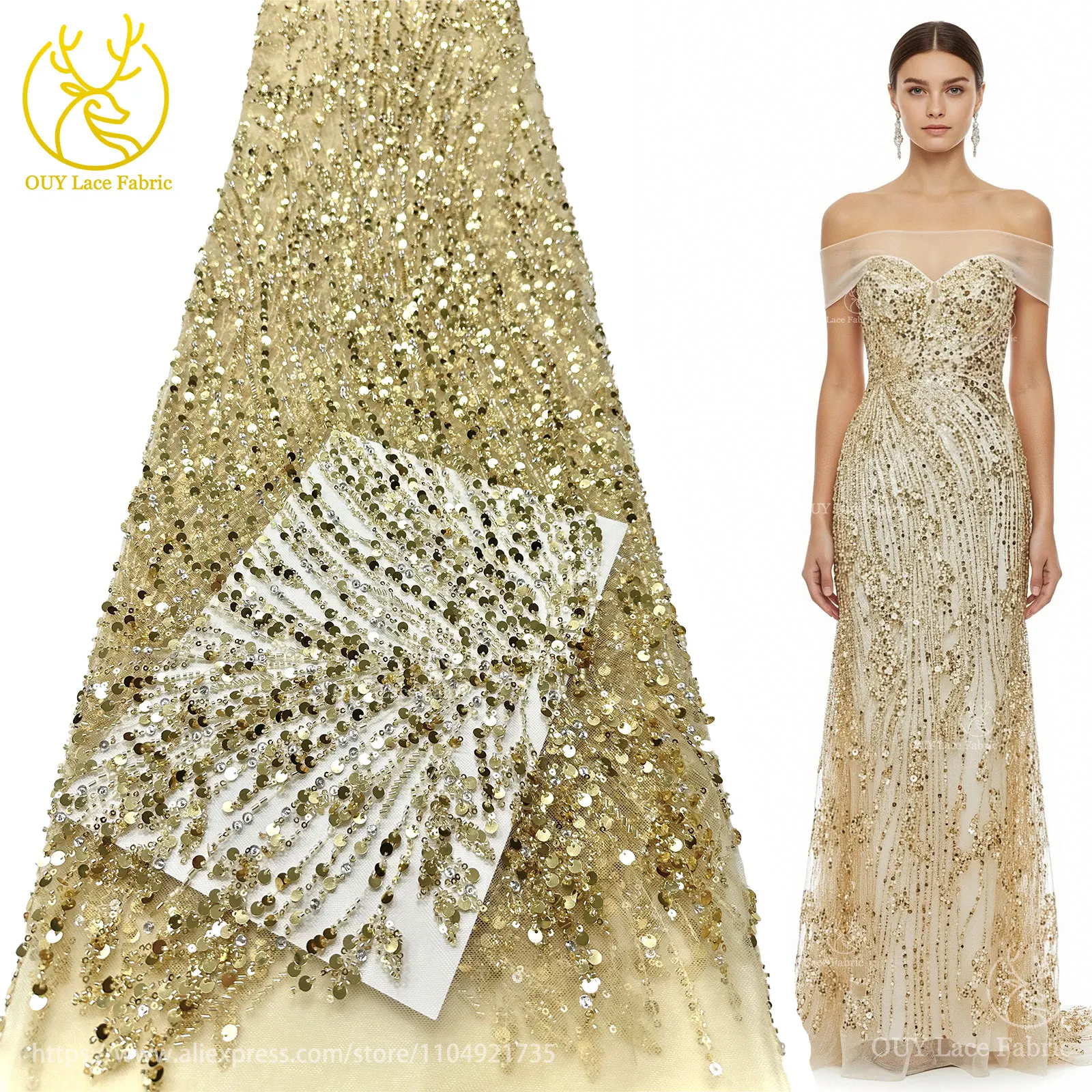 ผ้าลูกไม้ปักเลื่อมสีทองสไตล์แอฟริกันสำหรับเจ้าบ่าว ปี 2025 ผ้าลูกไม้ปักลายหรูหราสไตล์ฝรั่งเศสและไนจีเรีย ผ้าทูลล์สำหรับชุดงานเลี้ยง