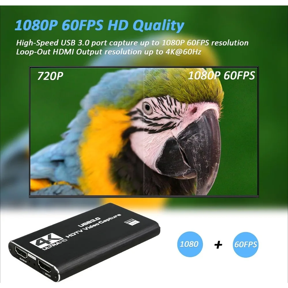 4K USB 3.0 Video Capture Card 30HZ HDMI-Compatible HD Live Video Recorder Grabber for PC PS4 OBS Game Recording Game Audio Mic