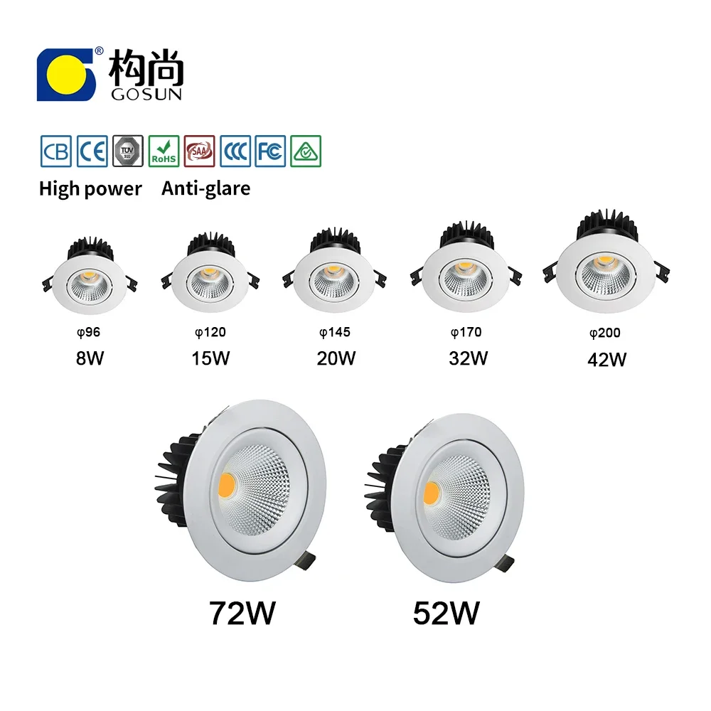 Downlight inteligente anti-reflexo regulável, Downlight Led embutido, Alto Lúmen, 4500-5000lm, 50W