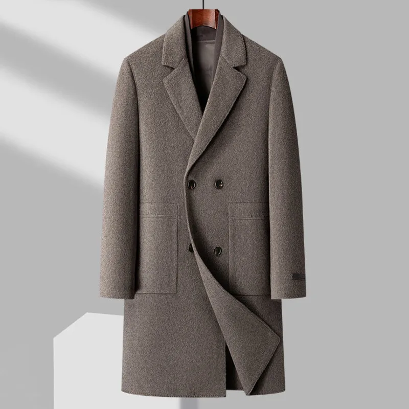 100% Wool Double-faced Coat Double-breasted Mid-length Business Mens Wool Trench Coat Casual Detachable Down Winter Jacket Men