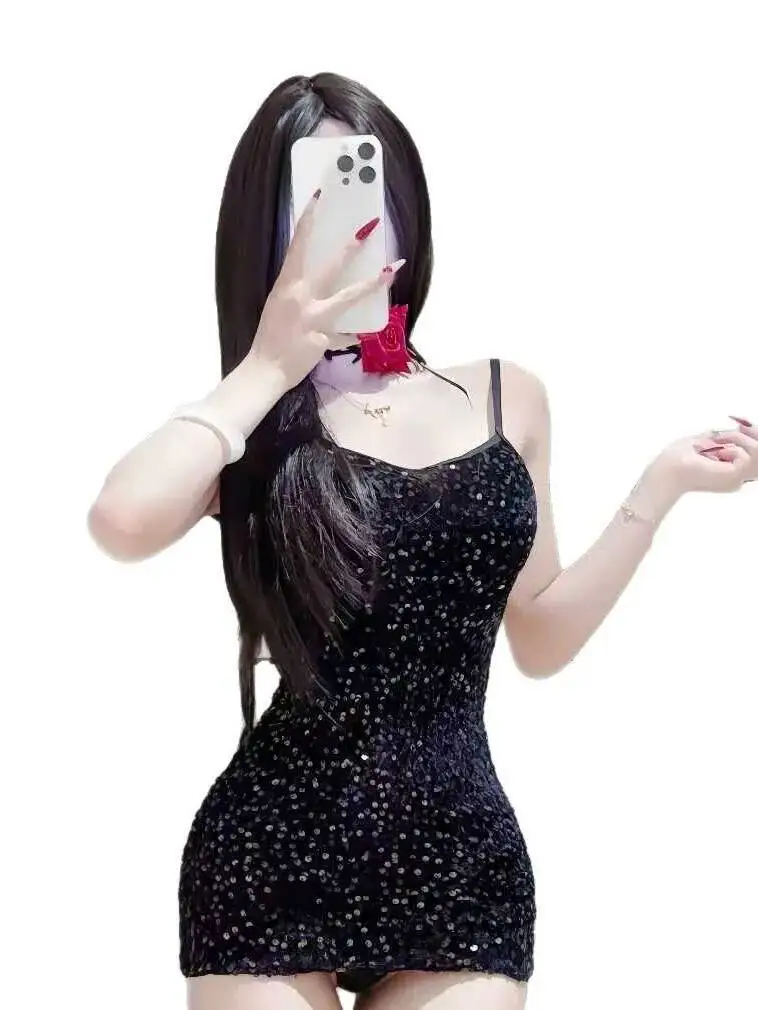 Sexy Nachtclub Slim Fit, figurbetontes Kleid, reines Verlangen, rückenfreies Kleid, heißes Mädchen, neues glänzendes, ärmelloses Kleid mit tiefem V-Ausschnitt, charmant 1090